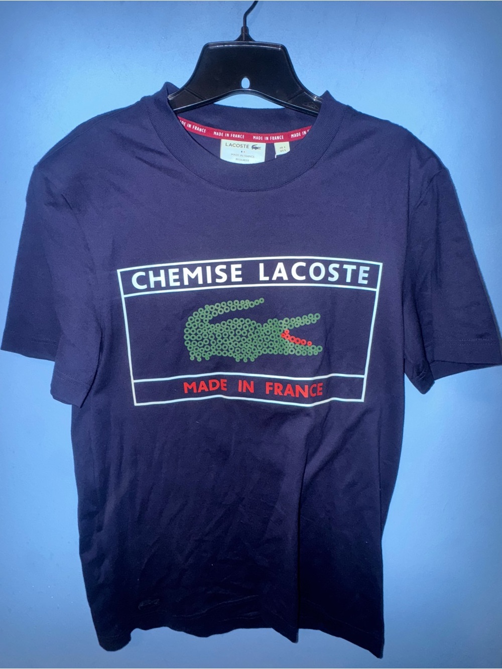 Lacoste Men's Navy 'Chemise Lacoste' Graphic Tee Size Small NWT Made in France